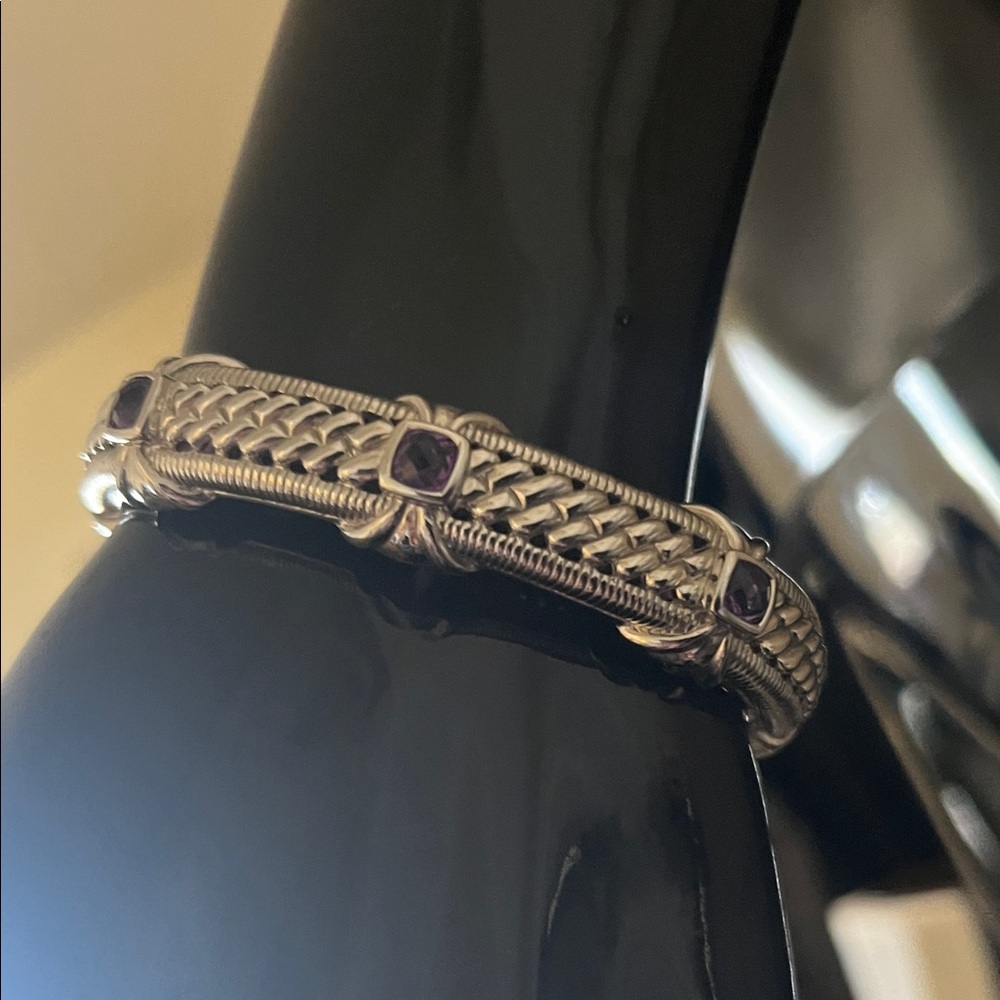 Judith Ripka Sterling Silver Amethyst Station Hinged Cuff Bracelet 6.5"